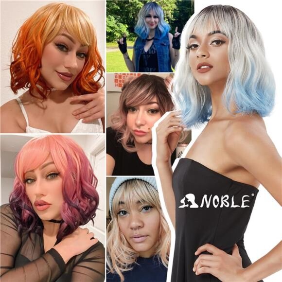 NOBLE Short Bob Wigs with Bangs for Women 3 Tone Ombre Color Synthetic Shoulder - Picture 6 of 7